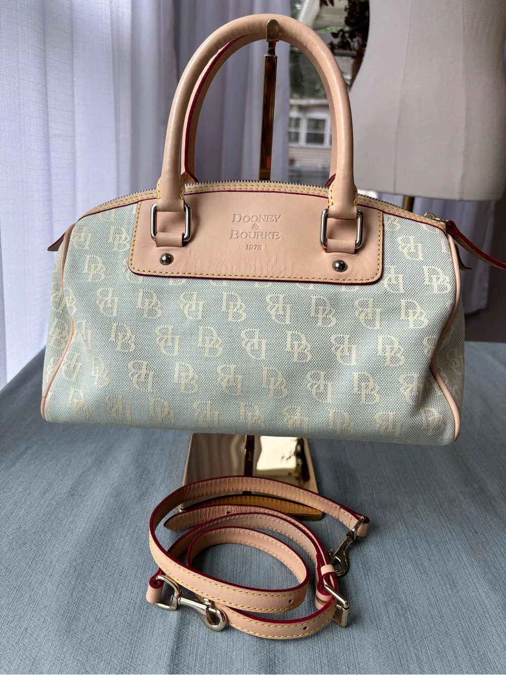 Vintage Dooney Bourke Light Blue Logo Satchel with Vacchetta Leather Trim Tassel